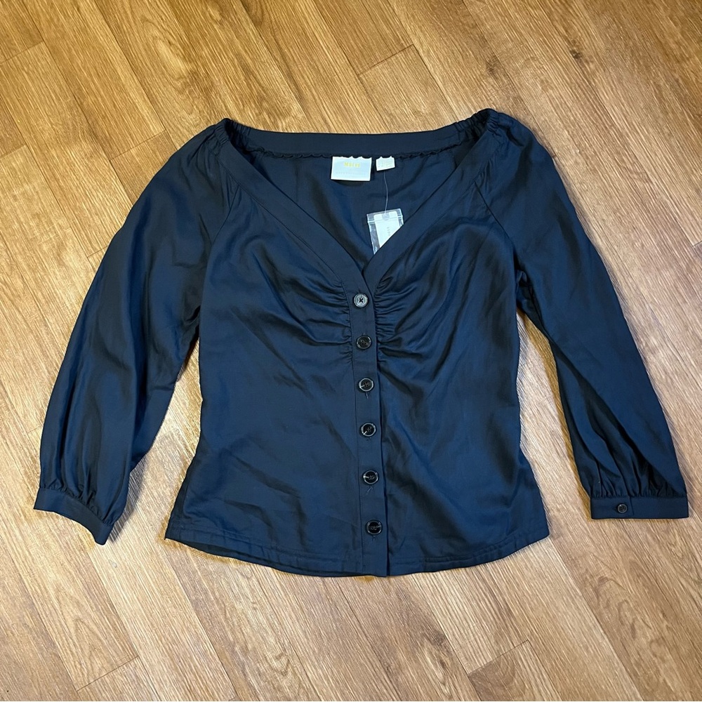 Maeve by Anthropologie Navy Button-Up Morrill Linen Blend Blouse - Picture 3 of 11